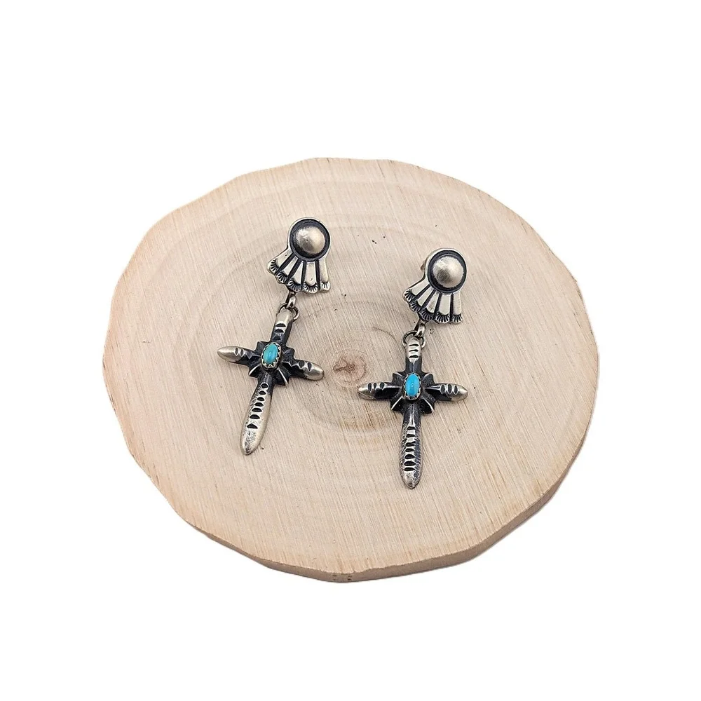 Native Am Earrings Navajo‎ Iodize Sterling Silver Cross Turquoise Jewelry**